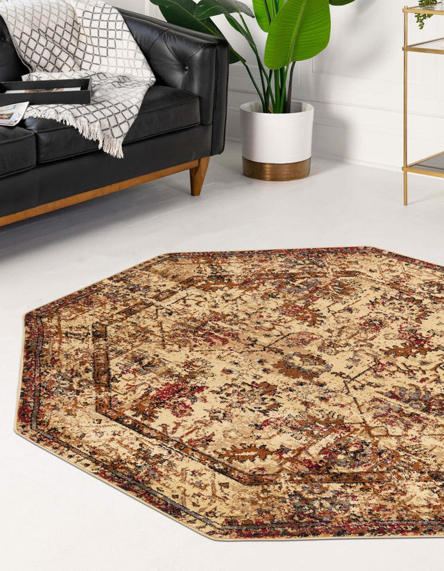 Beige Cream 5' 3 x 5' 3 Saturn Octagon Area Rug Stain Resistant Easy Clean Classic Vintage Design Durable Carpet for Affordable Home Interiors for Sale at Rug Engine