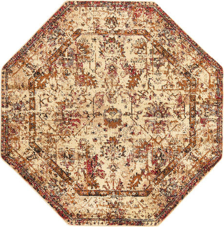 Beige Cream 5' 3 x 5' 3 Saturn Octagon Area Rug Stain Resistant Easy Clean Classic Vintage Design Durable Carpet for Affordable Home Interiors for Sale at Rug Engine