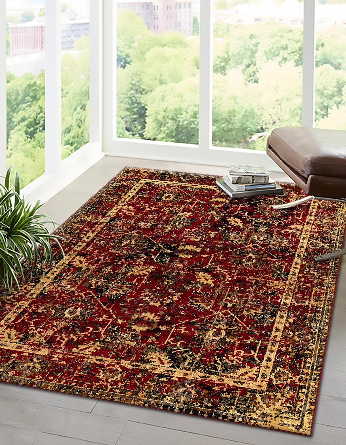Burgundy 4' 1 x 6' 1 Saturn Rectangle Area Rug Stain Resistant Easy Clean Classic Vintage Design Durable Carpet for Affordable Home Interiors for Sale at Rug Engine