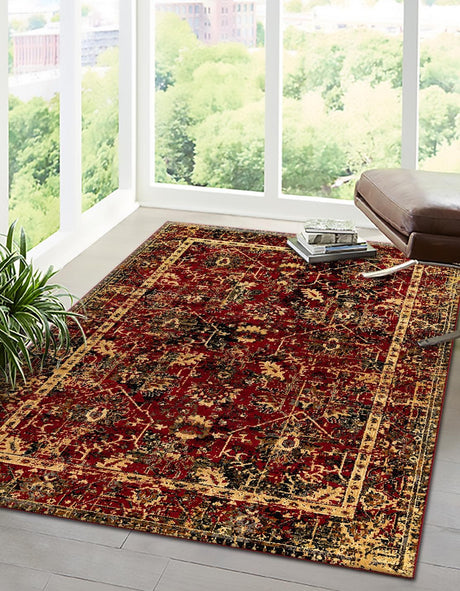 Burgundy 4' 1 x 6' 1 Saturn Rectangle Area Rug Stain Resistant Easy Clean Classic Vintage Design Durable Carpet for Affordable Home Interiors for Sale at Rug Engine