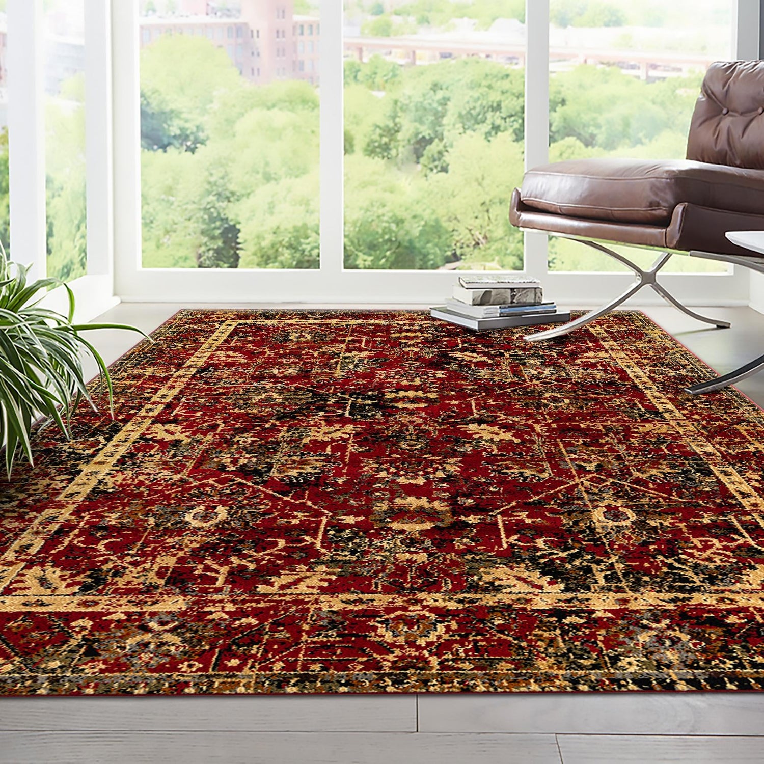 Burgundy 6' 1 x 9' Saturn Rectangle Area Rug Stain Resistant Easy Clean Classic Vintage Design Durable Carpet for Affordable Home Interiors for Sale at Rug Engine