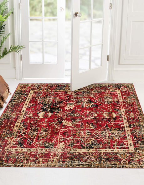 Burgundy 7' 10 x 7' 10 Saturn Square Area Rug Stain Resistant Easy Clean Classic Vintage Design Durable Carpet for Affordable Home Interiors for Sale at Rug Engine