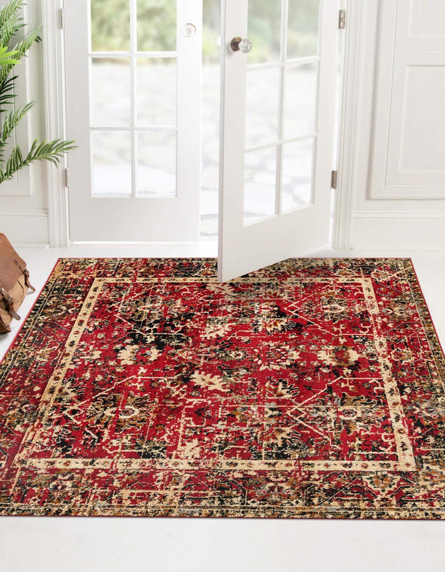 Burgundy 7' 10 x 7' 10 Saturn Square Area Rug Stain Resistant Easy Clean Classic Vintage Design Durable Carpet for Affordable Home Interiors for Sale at Rug Engine
