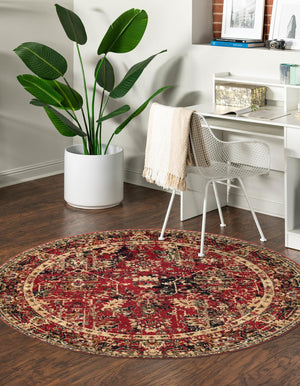Burgundy 3' 1 x 3' 1 Saturn Round Area Rug Stain Resistant Easy Clean Classic Vintage Design Durable Carpet for Affordable Home Interiors for Sale at Rug Engine