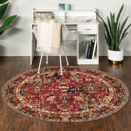 Burgundy 7' 10 x 7' 10 Saturn Round Area Rug Stain Resistant Easy Clean Classic Vintage Design Durable Carpet for Affordable Home Interiors for Sale at Rug Engine