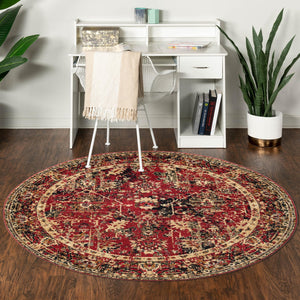 Burgundy 3' 1 x 3' 1 Saturn Round Area Rug Stain Resistant Easy Clean Classic Vintage Design Durable Carpet for Affordable Home Interiors for Sale at Rug Engine