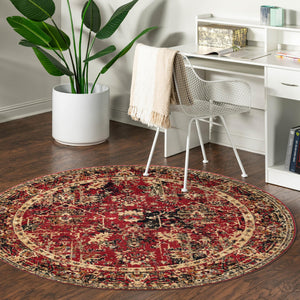 Burgundy 7' 1 x 7' 1 Saturn Round Area Rug Stain Resistant Easy Clean Classic Vintage Design Durable Carpet for Affordable Home Interiors for Sale at Rug Engine