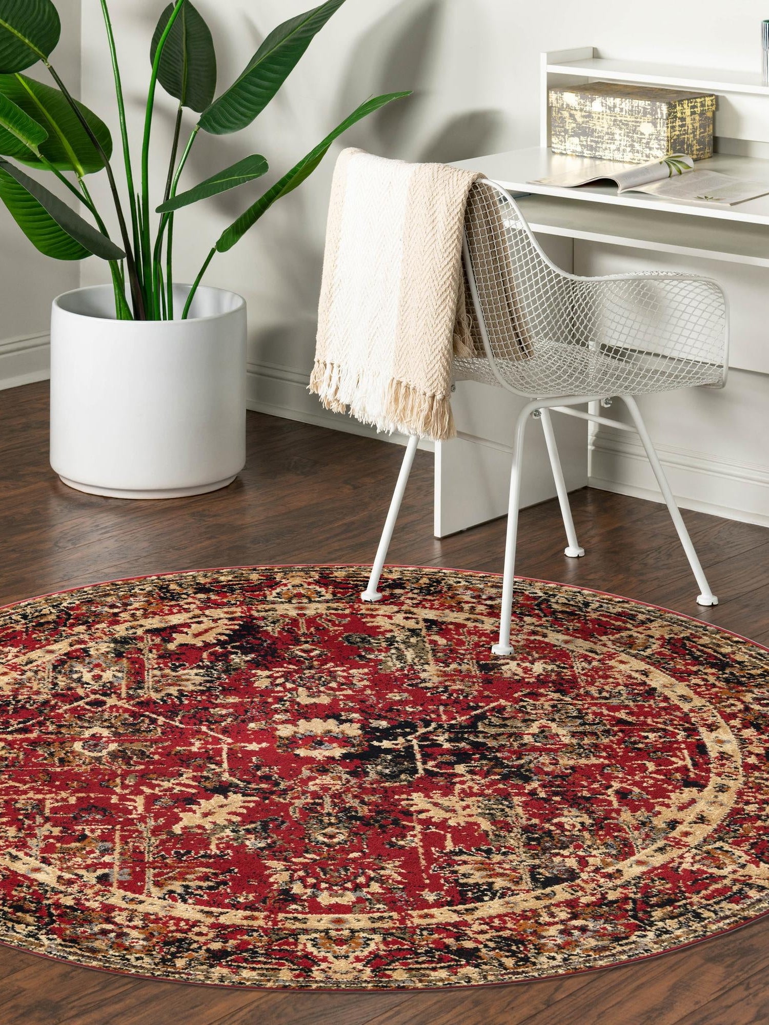 Burgundy 7' 10 x 7' 10 Saturn Round Area Rug Stain Resistant Easy Clean Classic Vintage Design Durable Carpet for Affordable Home Interiors for Sale at Rug Engine