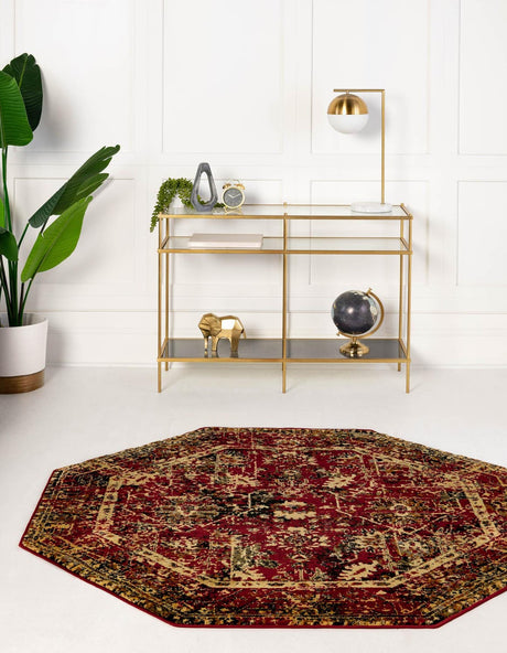 Burgundy 7' 10 x 7' 10 Saturn Octagon Area Rug Stain Resistant Easy Clean Classic Vintage Design Durable Carpet for Affordable Home Interiors for Sale at Rug Engine