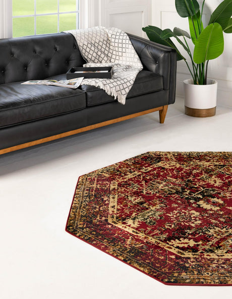 Burgundy 7' 10 x 7' 10 Saturn Octagon Area Rug Stain Resistant Easy Clean Classic Vintage Design Durable Carpet for Affordable Home Interiors for Sale at Rug Engine