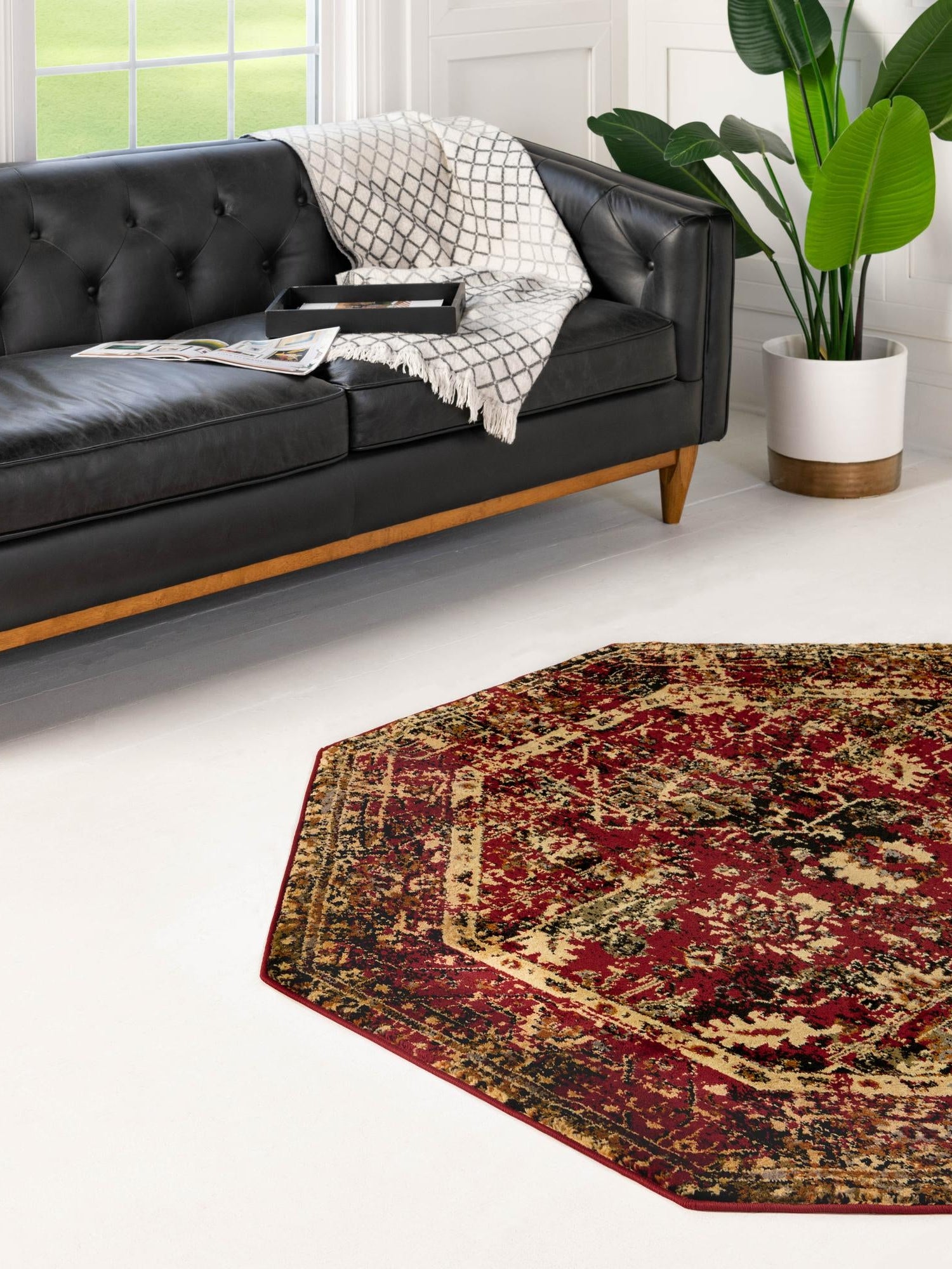 Burgundy 5' 3 x 5' 3 Saturn Octagon Area Rug Stain Resistant Easy Clean Classic Vintage Design Durable Carpet for Affordable Home Interiors for Sale at Rug Engine