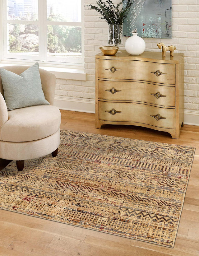 Beige 5' 3 x 5' 3 Saturn Square Area Rug Stain Resistant Easy Clean Classic Vintage Design Durable Carpet for Affordable Home Interiors for Sale at Rug Engine