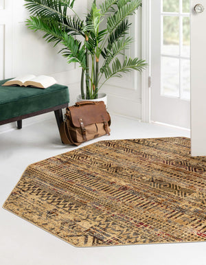 Beige 5' 3 x 5' 3 Saturn Octagon Area Rug Stain Resistant Easy Clean Classic Vintage Design Durable Carpet for Affordable Home Interiors for Sale at Rug Engine