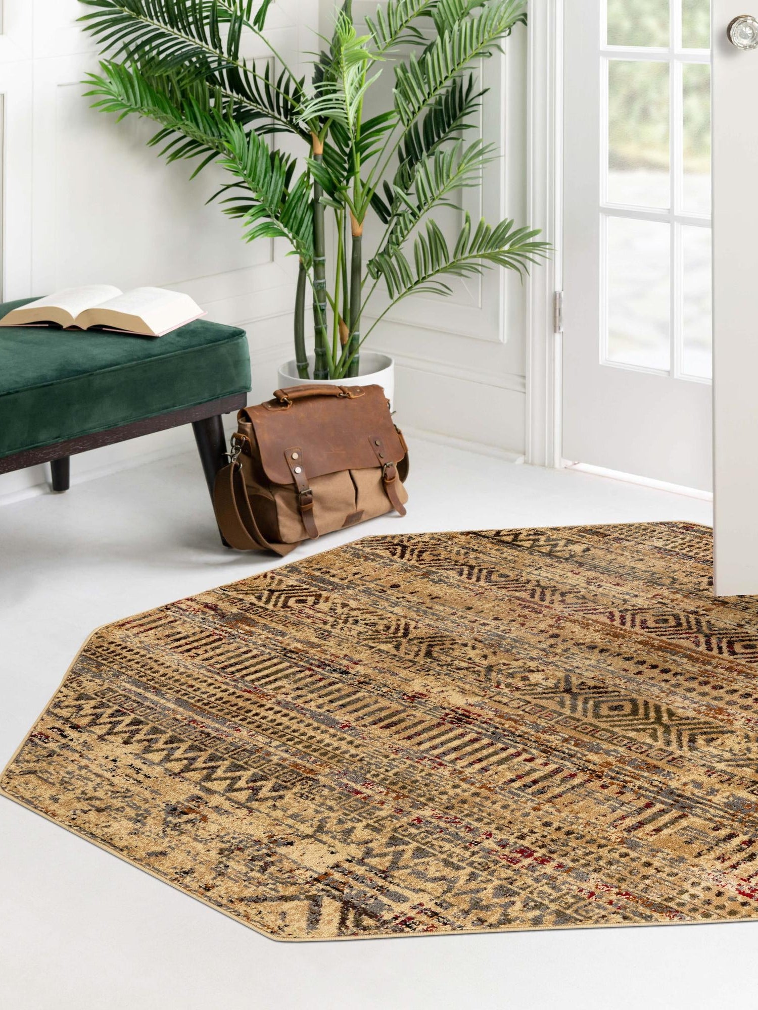 Beige 7' 10 x 7' 10 Saturn Octagon Area Rug Stain Resistant Easy Clean Classic Vintage Design Durable Carpet for Affordable Home Interiors for Sale at Rug Engine