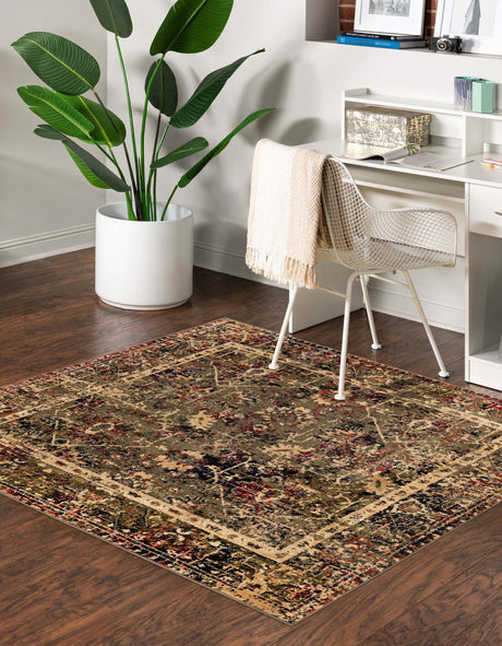 Green 5' 3 x 5' 3 Saturn Square Area Rug Stain Resistant Easy Clean Classic Vintage Design Durable Carpet for Affordable Home Interiors for Sale at Rug Engine