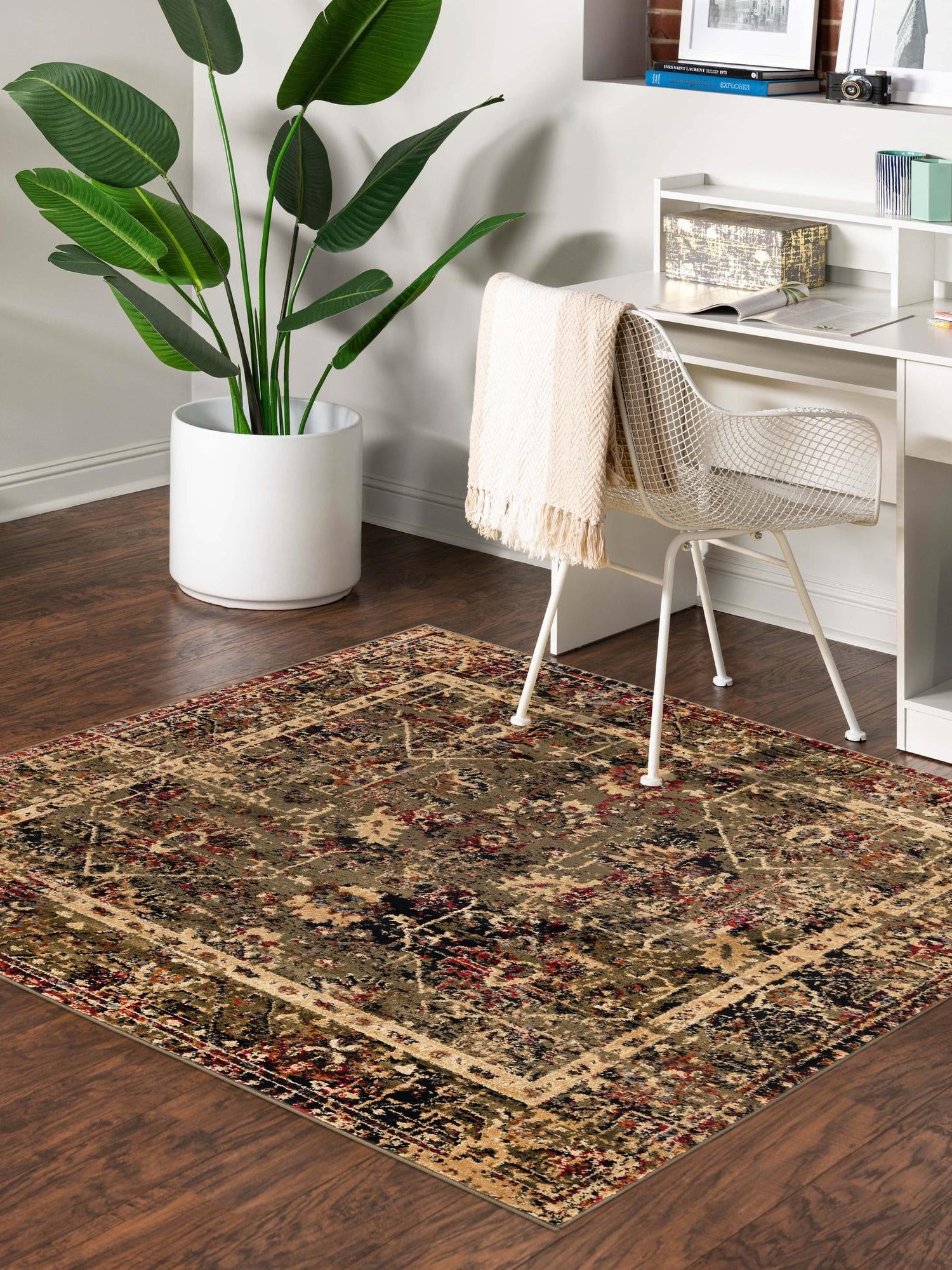 Green 7' 10 x 7' 10 Saturn Square Area Rug Stain Resistant Easy Clean Classic Vintage Design Durable Carpet for Affordable Home Interiors for Sale at Rug Engine