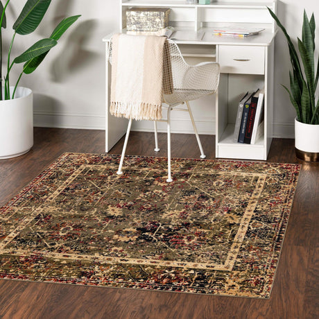 Green 5' 3 x 5' 3 Saturn Square Area Rug Stain Resistant Easy Clean Classic Vintage Design Durable Carpet for Affordable Home Interiors for Sale at Rug Engine