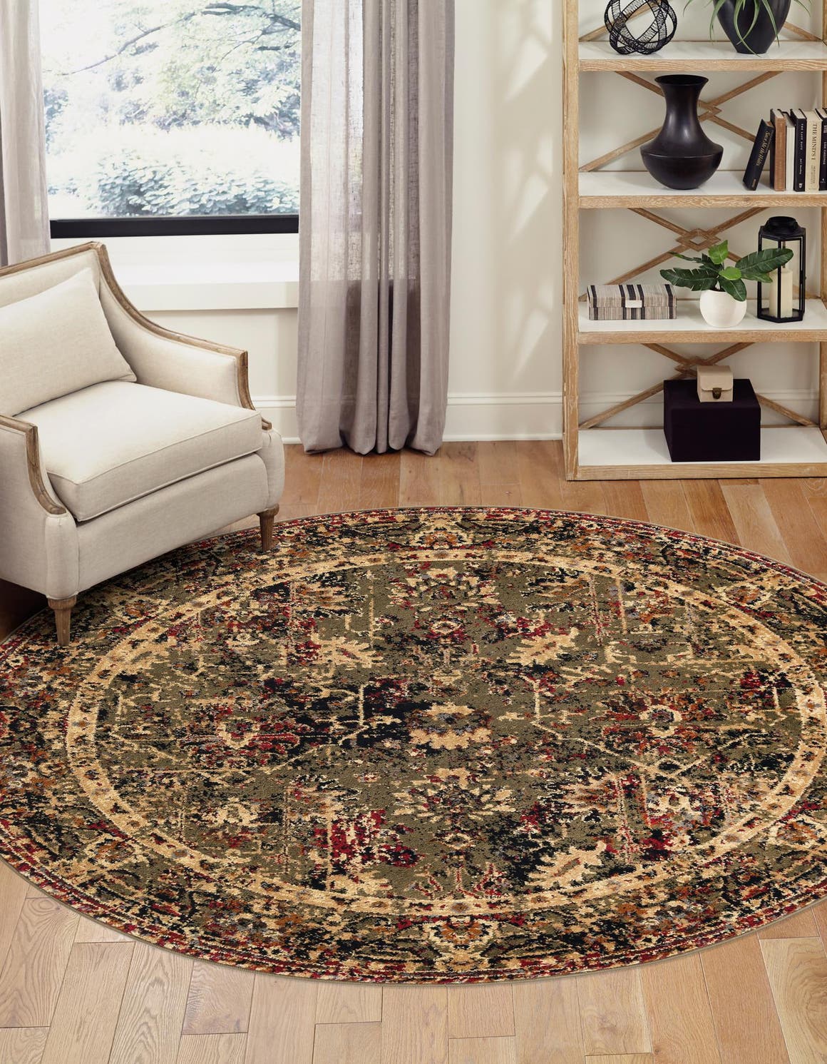 Green 7' 1 x 7' 1 Saturn Round Area Rug Stain Resistant Easy Clean Classic Vintage Design Durable Carpet for Affordable Home Interiors for Sale at Rug Engine