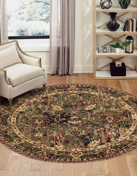 Green 7' 1 x 7' 1 Saturn Round Area Rug Stain Resistant Easy Clean Classic Vintage Design Durable Carpet for Affordable Home Interiors for Sale at Rug Engine
