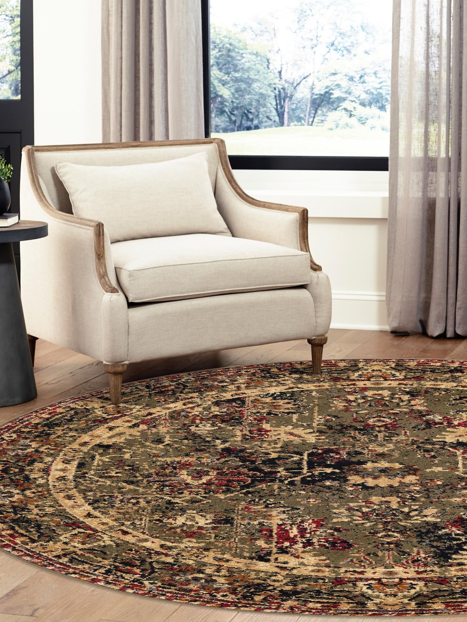 Green 7' 10 x 7' 10 Saturn Round Area Rug Stain Resistant Easy Clean Classic Vintage Design Durable Carpet for Affordable Home Interiors for Sale at Rug Engine