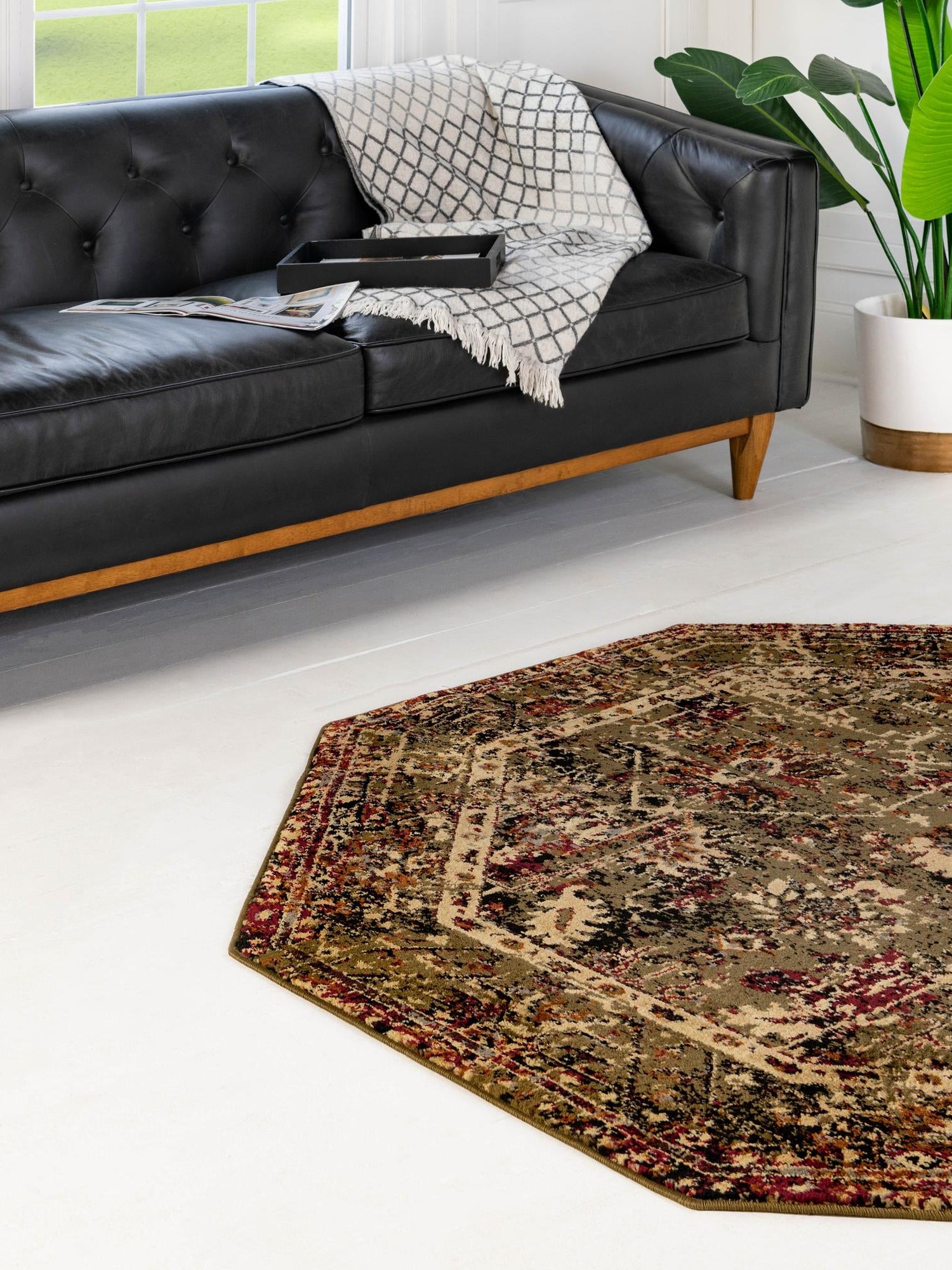 Green 3' 1 x 3' 1 Saturn Octagon Area Rug Stain Resistant Easy Clean Classic Vintage Design Durable Carpet for Affordable Home Interiors for Sale at Rug Engine