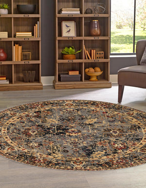 Blue 7' 10 x 7' 10 Saturn Round Area Rug Stain Resistant Easy Clean Classic Vintage Design Durable Carpet for Affordable Home Interiors for Sale at Rug Engine