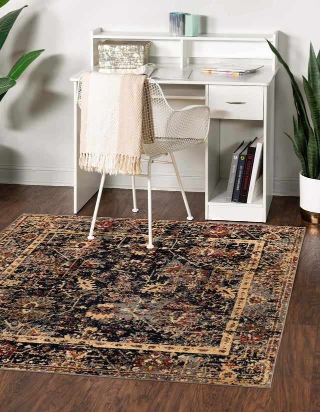 Black 7' 10 x 7' 10 Saturn Square Area Rug Stain Resistant Easy Clean Classic Vintage Design Durable Carpet for Affordable Home Interiors for Sale at Rug Engine