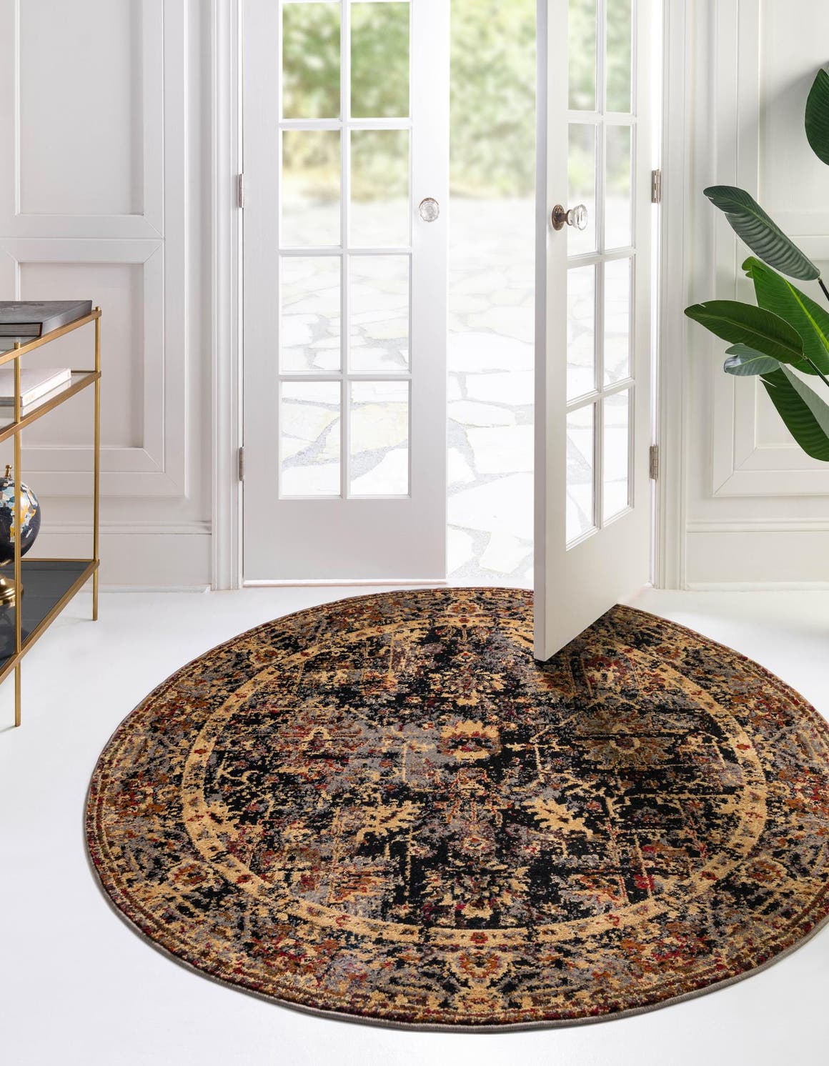Black 7' 1 x 7' 1 Saturn Round Area Rug Stain Resistant Easy Clean Classic Vintage Design Durable Carpet for Affordable Home Interiors for Sale at Rug Engine