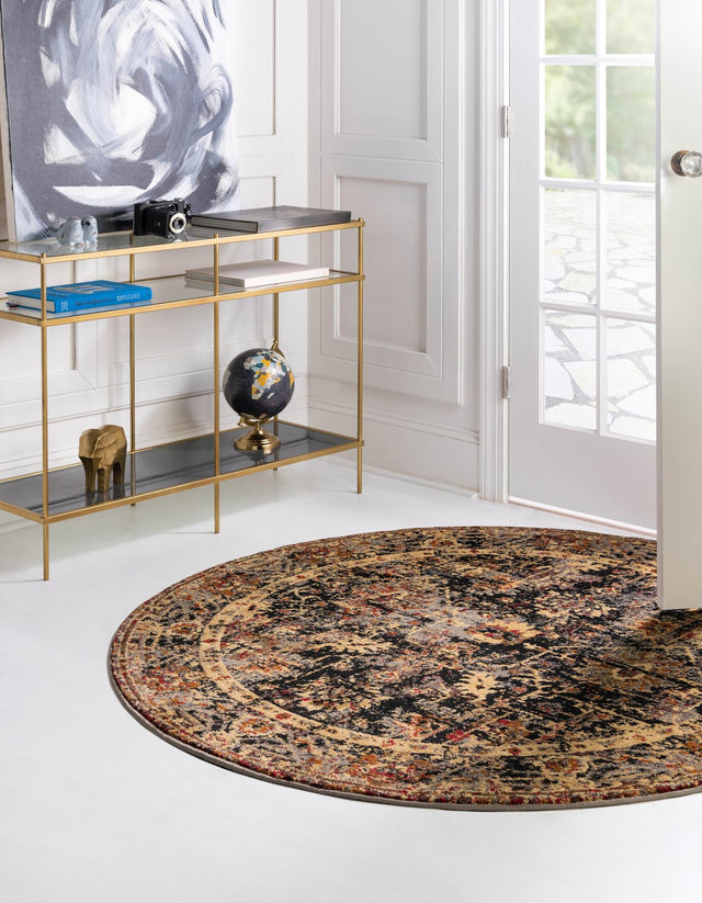 Black 7' 10 x 7' 10 Saturn Round Area Rug Stain Resistant Easy Clean Classic Vintage Design Durable Carpet for Affordable Home Interiors for Sale at Rug Engine