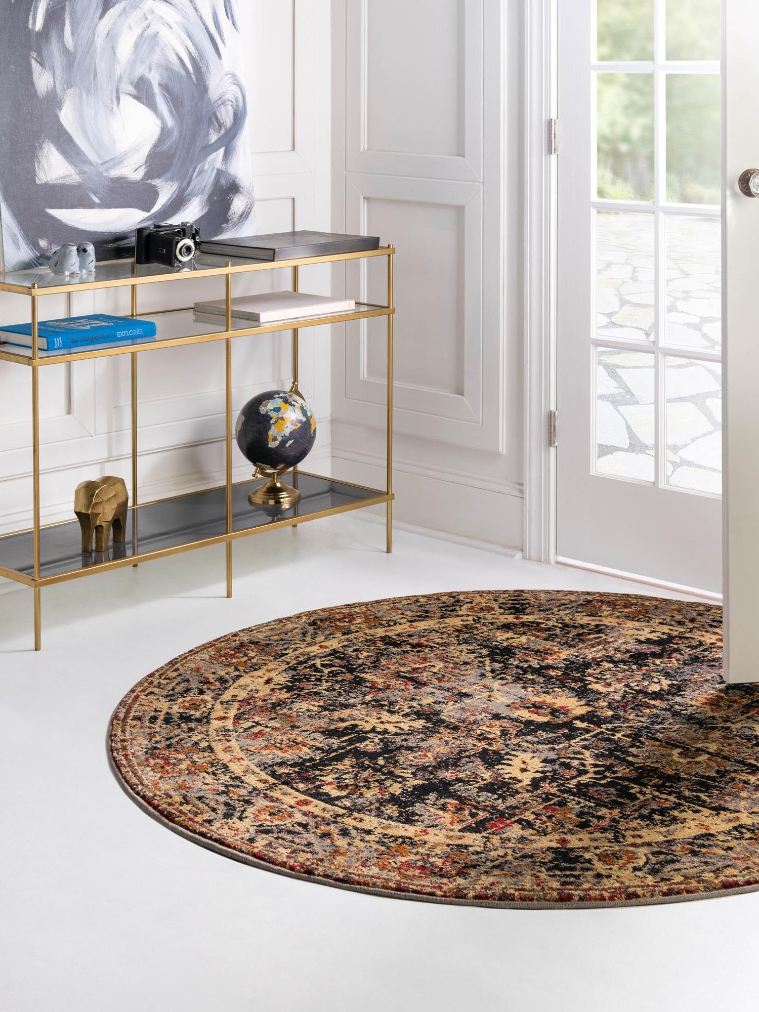 Black 3' 1 x 3' 1 Saturn Round Area Rug Stain Resistant Easy Clean Classic Vintage Design Durable Carpet for Affordable Home Interiors for Sale at Rug Engine