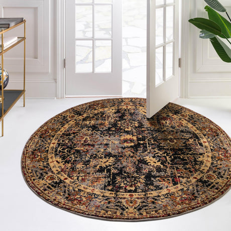 Black 7' 10 x 7' 10 Saturn Round Area Rug Stain Resistant Easy Clean Classic Vintage Design Durable Carpet for Affordable Home Interiors for Sale at Rug Engine