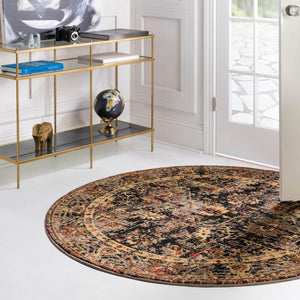 Black 7' 10 x 7' 10 Saturn Round Area Rug Stain Resistant Easy Clean Classic Vintage Design Durable Carpet for Affordable Home Interiors for Sale at Rug Engine