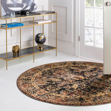 Black 7' 10 x 7' 10 Saturn Round Area Rug Stain Resistant Easy Clean Classic Vintage Design Durable Carpet for Affordable Home Interiors for Sale at Rug Engine