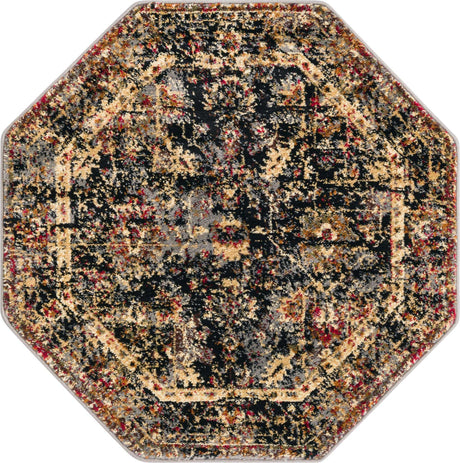 Black 3' 1 x 3' 1 Saturn Octagon Area Rug Stain Resistant Easy Clean Classic Vintage Design Durable Carpet for Affordable Home Interiors for Sale at Rug Engine