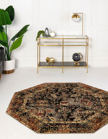 Black 3' 1 x 3' 1 Saturn Octagon Area Rug Stain Resistant Easy Clean Classic Vintage Design Durable Carpet for Affordable Home Interiors for Sale at Rug Engine