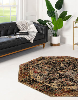 Black 3' 1 x 3' 1 Saturn Octagon Area Rug Stain Resistant Easy Clean Classic Vintage Design Durable Carpet for Affordable Home Interiors for Sale at Rug Engine