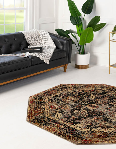 Black 3' 1 x 3' 1 Saturn Octagon Area Rug Stain Resistant Easy Clean Classic Vintage Design Durable Carpet for Affordable Home Interiors for Sale at Rug Engine