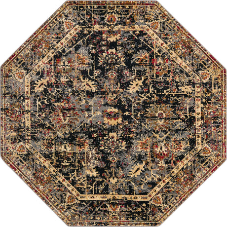 Black 7' 10 x 7' 10 Saturn Octagon Area Rug Stain Resistant Easy Clean Classic Vintage Design Durable Carpet for Affordable Home Interiors for Sale at Rug Engine