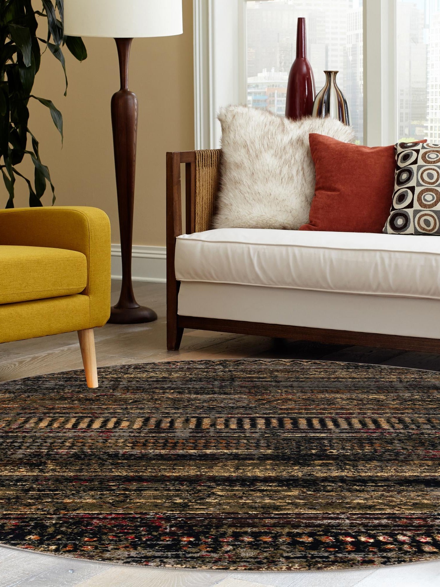 Blue 7' 1 x 7' 1 Saturn Round Area Rug Stain Resistant Easy Clean Classic Vintage Design Durable Carpet for Affordable Home Interiors for Sale at Rug Engine