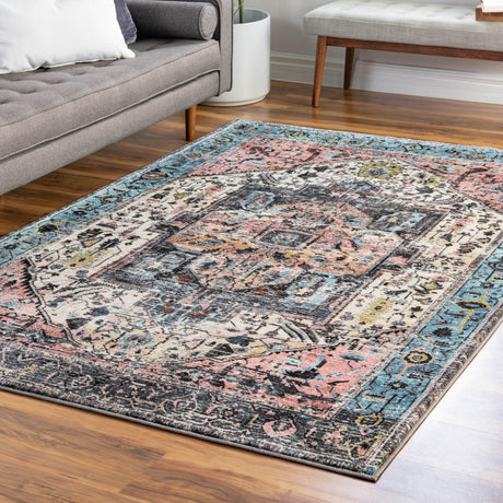 Washable Powder Blue 6' 7 x 9' Medina Rectangle Area Rug Easy to Clean Stain Resistant & Durable Polyester Classic Carpet for Home Decor & Design for Sale at Rug Engine