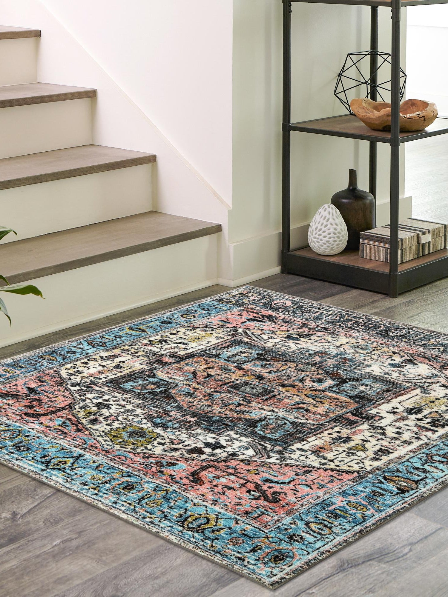 Washable Powder Blue 5' 3 x 5' 3 Medina Square Area Rug Easy to Clean Stain Resistant & Durable Polyester Classic Carpet for Home Decor & Design for Sale at Rug Engine