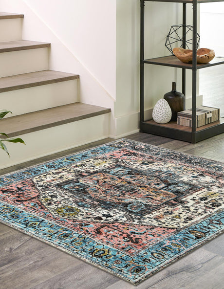 Washable Powder Blue 5' 3 x 5' 3 Medina Square Area Rug Easy to Clean Stain Resistant & Durable Polyester Classic Carpet for Home Decor & Design for Sale at Rug Engine