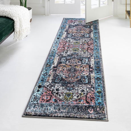 Washable Powder Blue 2' 7 x 13' Medina Runner Area Rug Easy to Clean Stain Resistant & Durable Polyester Classic Carpet for Home Decor & Design for Sale at Rug Engine