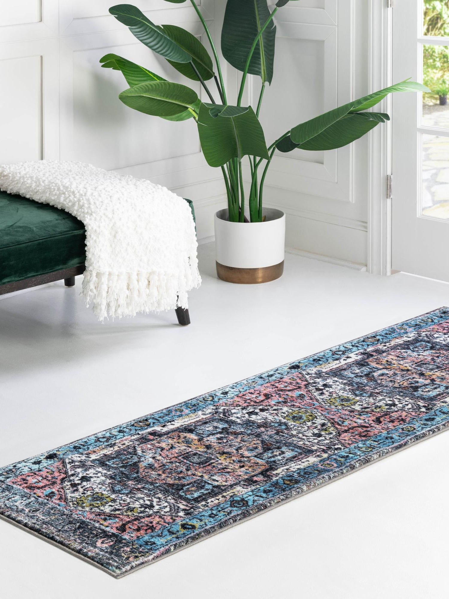 Washable Powder Blue 2' 2 x 10' Medina Runner Area Rug Easy to Clean Stain Resistant & Durable Polyester Classic Carpet for Home Decor & Design for Sale at Rug Engine