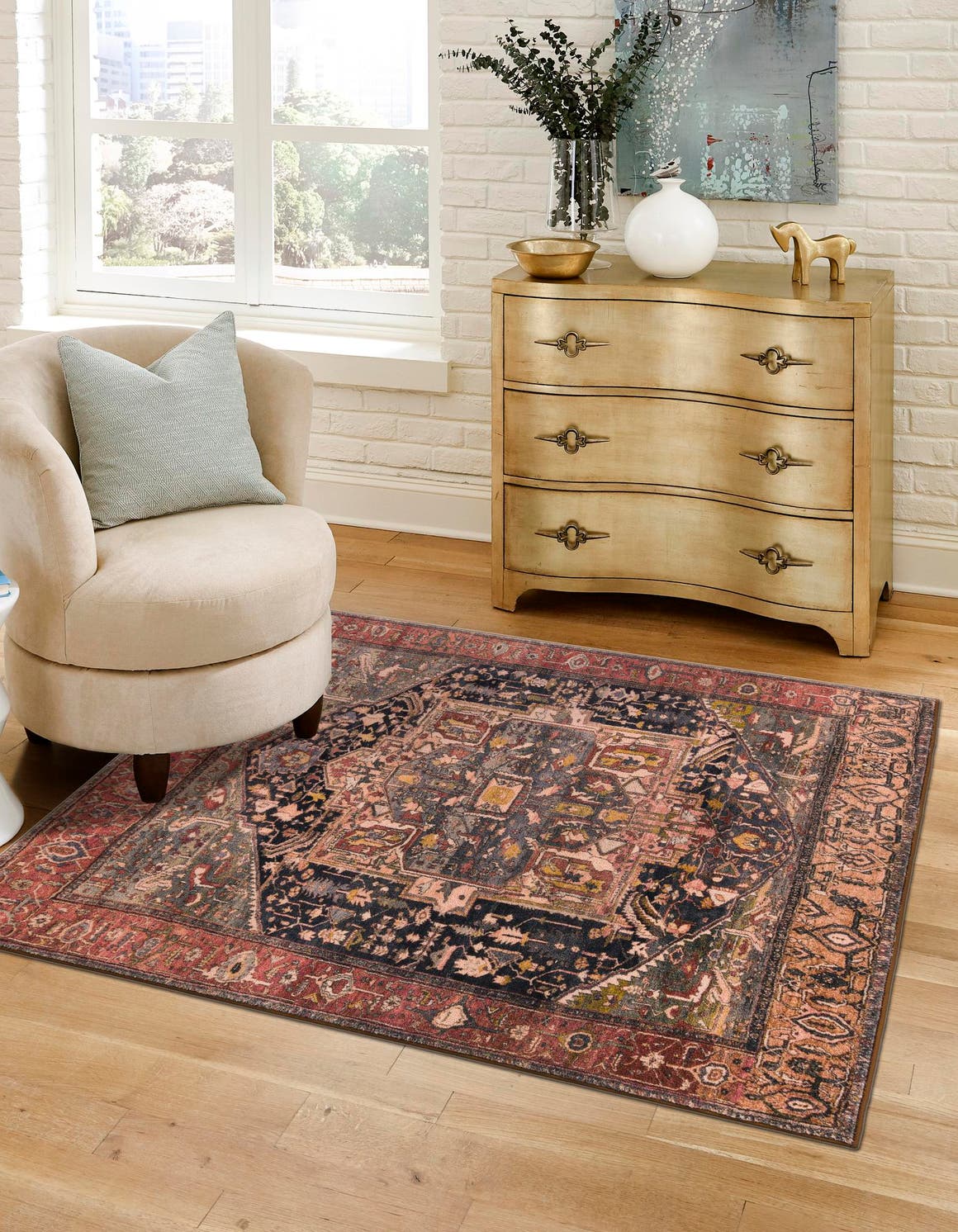 Washable Muted Rust 3' 3 x 3' 3 Medina Square Area Rug Easy to Clean Stain Resistant & Durable Polyester Classic Carpet for Home Decor & Design for Sale at Rug Engine