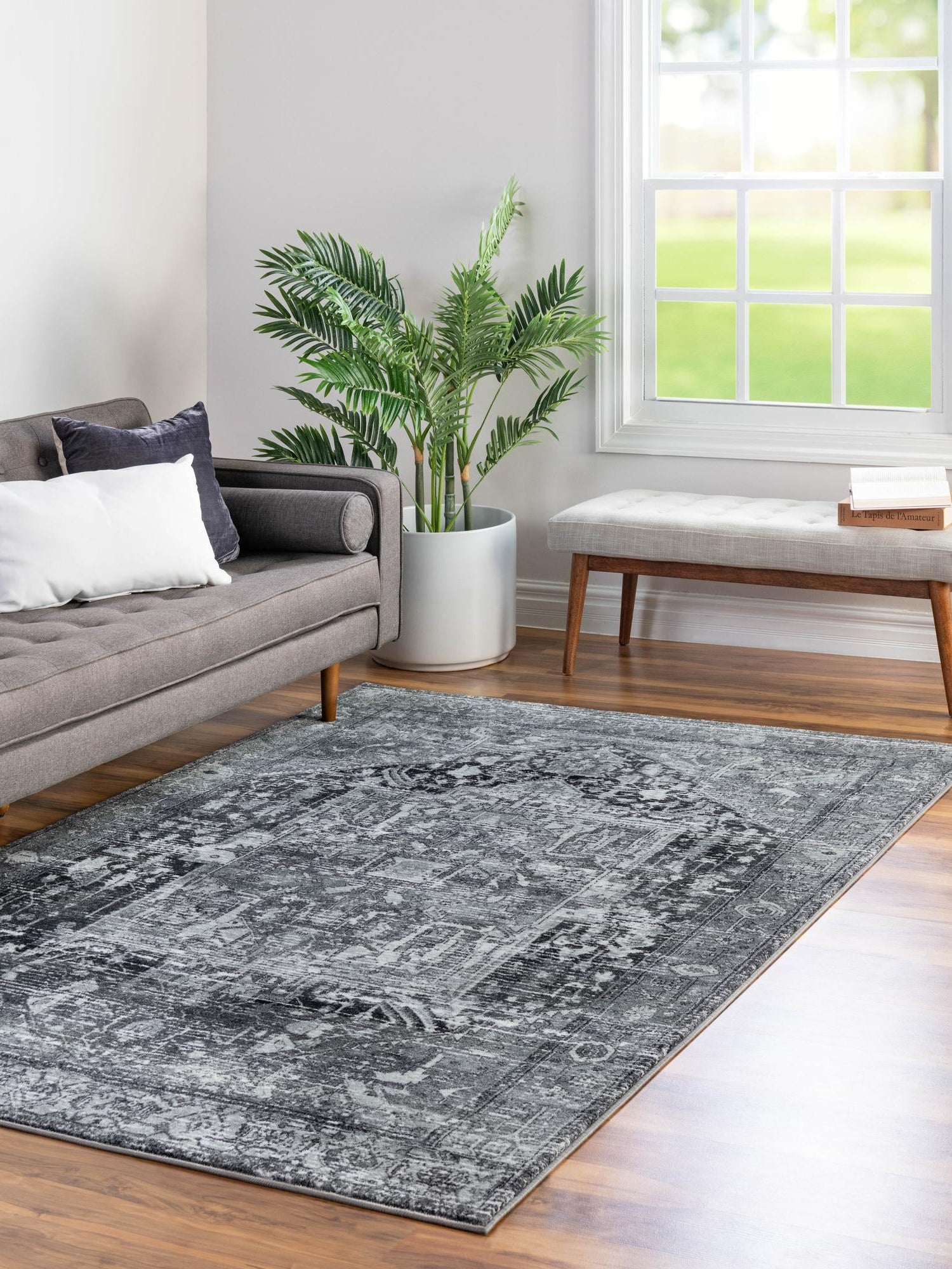 Washable Steel Gray 6' 7 x 9' Medina Rectangle Area Rug Easy to Clean Stain Resistant & Durable Polyester Classic Carpet for Home Decor & Design for Sale at Rug Engine