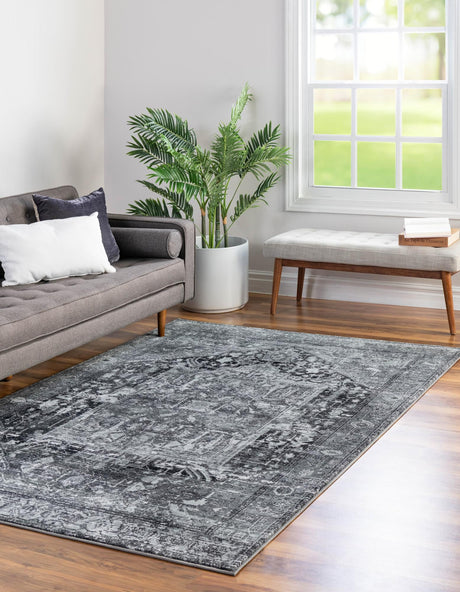 Washable Steel Gray 5' 3 x 7' 9 Medina Rectangle Area Rug Easy to Clean Stain Resistant & Durable Polyester Classic Carpet for Home Decor & Design for Sale at Rug Engine