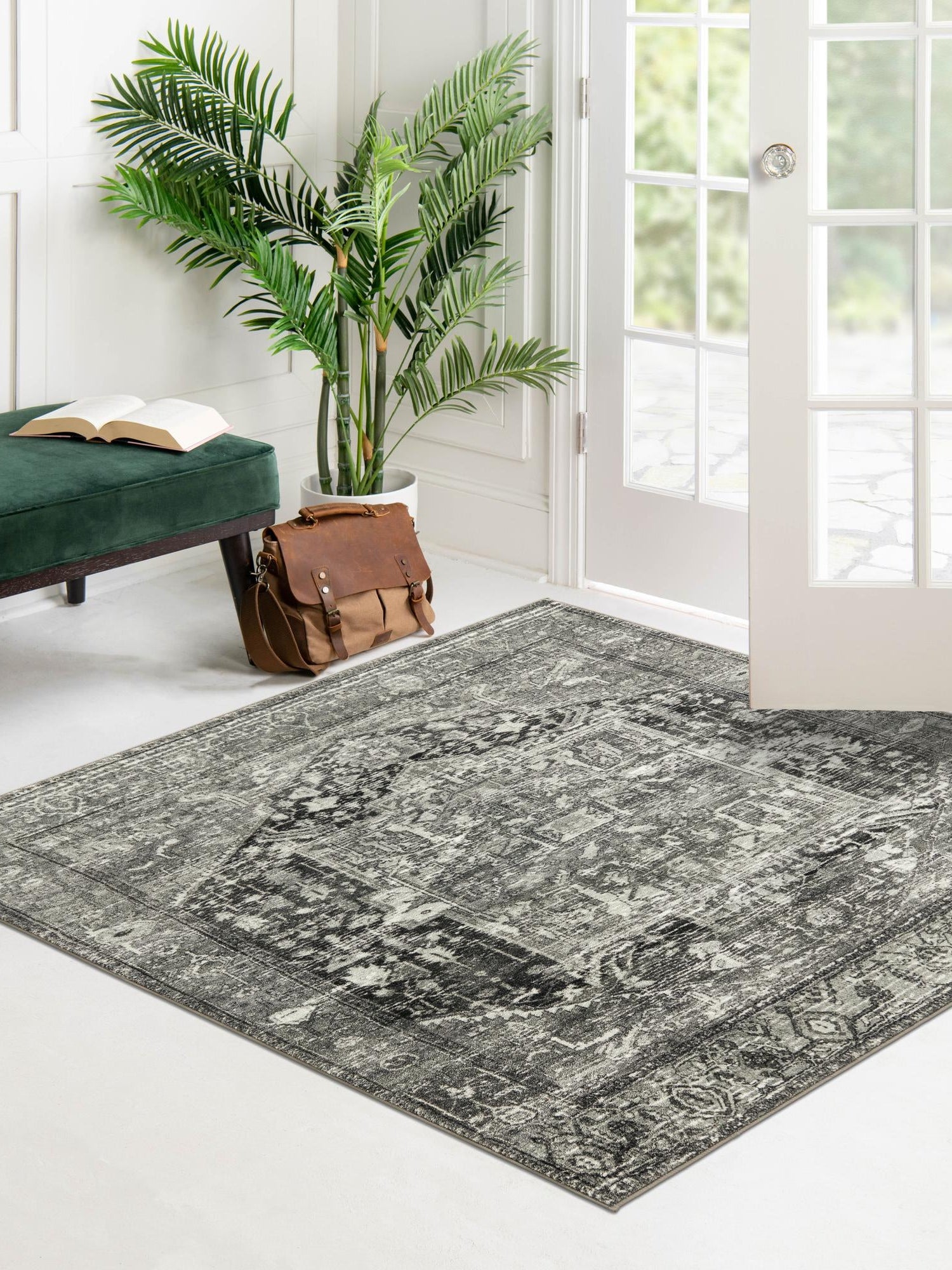 Washable Steel Gray 5' 3 x 5' 3 Medina Square Area Rug Easy to Clean Stain Resistant & Durable Polyester Classic Carpet for Home Decor & Design for Sale at Rug Engine