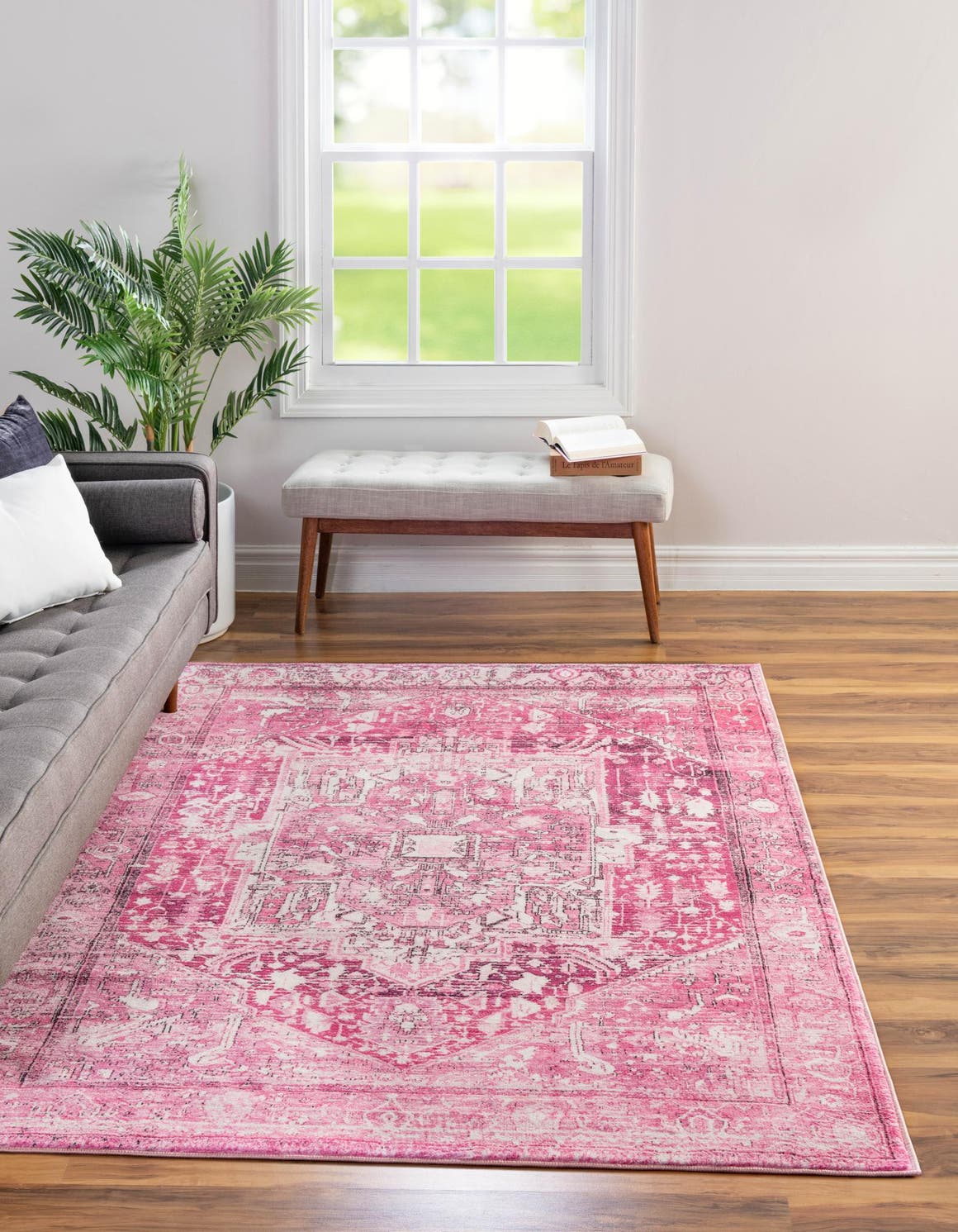 Washable Plumrose Pink 6' 7 x 9' Medina Rectangle Area Rug Easy to Clean Stain Resistant & Durable Polyester Classic Carpet for Home Decor & Design for Sale at Rug Engine