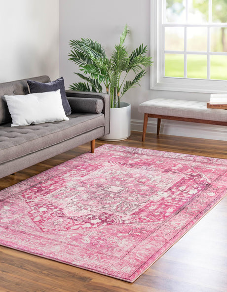 Washable Plumrose Pink 6' 7 x 9' Medina Rectangle Area Rug Easy to Clean Stain Resistant & Durable Polyester Classic Carpet for Home Decor & Design for Sale at Rug Engine